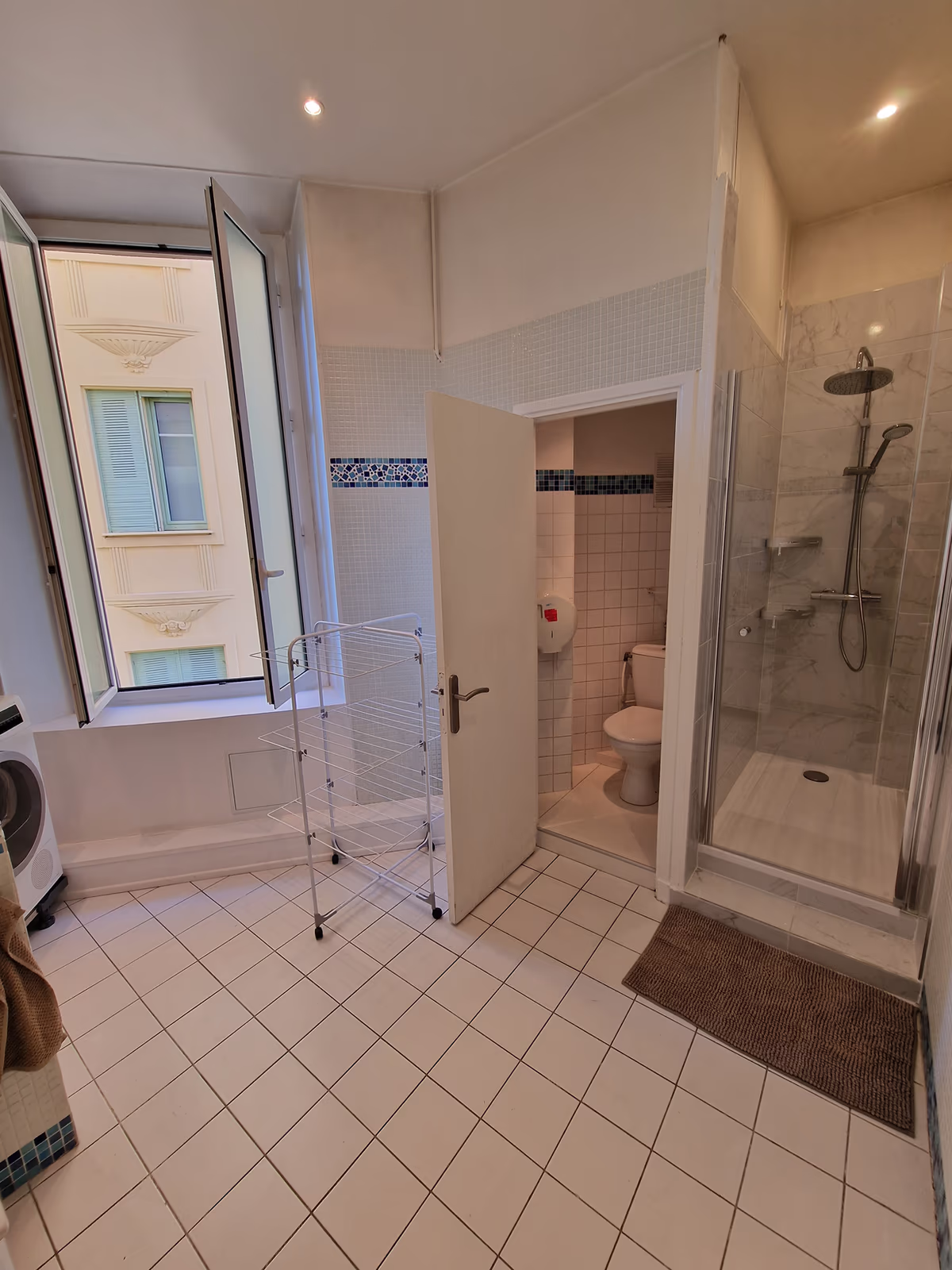 The second shared bathroom, with a glass shower, a separate toilet and a drying rack